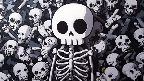 Central cartoon skeleton amid dense skull cluster backdrop