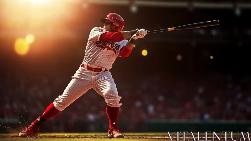 Baseball hitter drives powerful swing under warm stadium lights