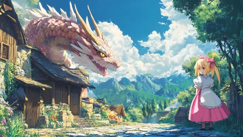 Dragon and girl positioned in rural mountain village street.