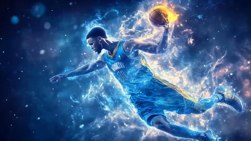 Plasma-ignited basketball dunk in dynamic motion capture field.