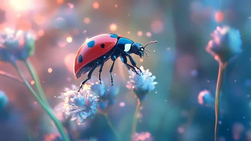 Twilight ladybug ballet on dreamlit wildflower stage.