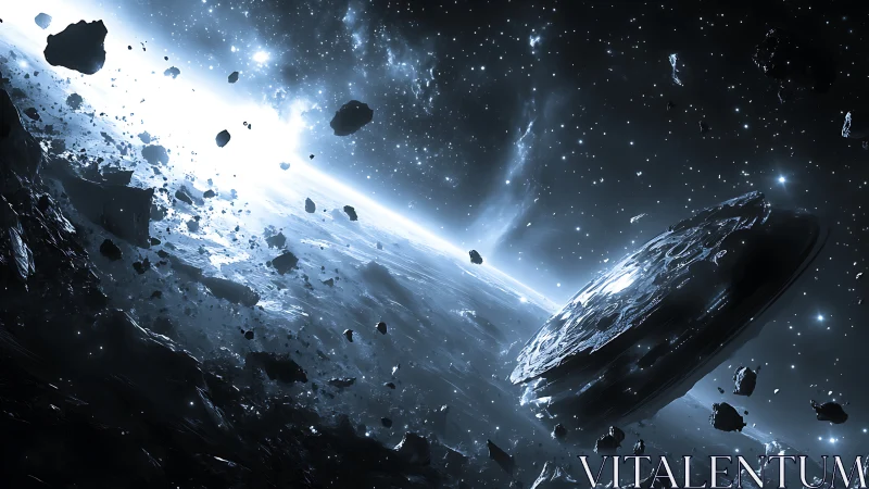 Orbital debris field with large disc spacecraft over planet.