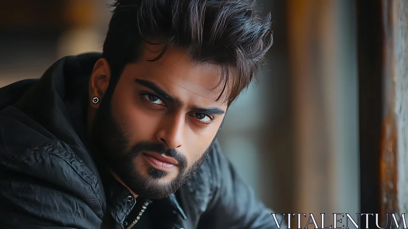 Man with styled hair and beard stares directly into camera