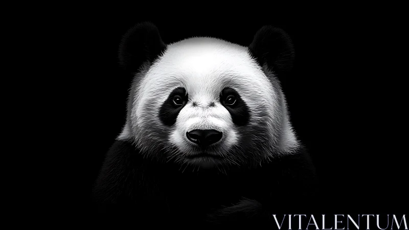 Stark frontal panda portrait in dramatic low key lighting.