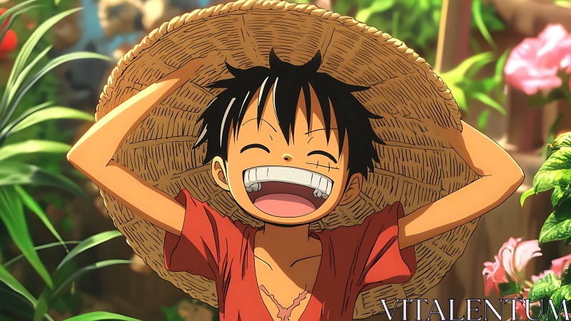 Joyful boy lifts straw hat under warm garden sunlight.