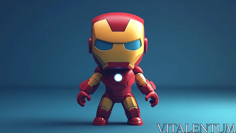 Stylized chibi armored hero figure stands in blue studio