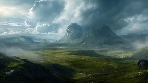 Mountain plateau with ring structure under storm clouds