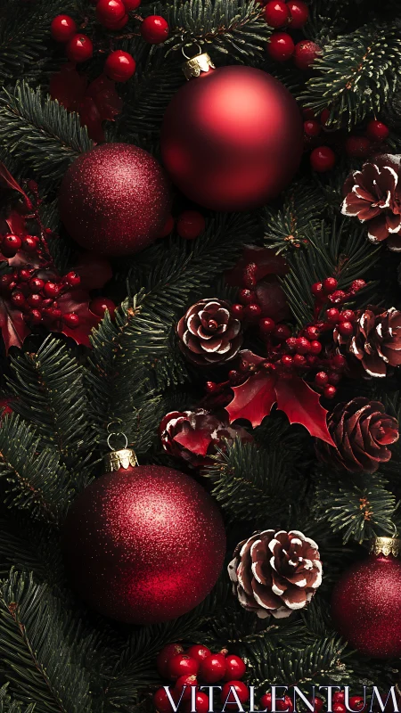 Red ornaments and pine branches form rich Christmas wreath.