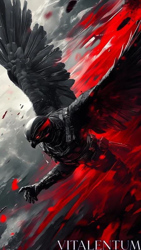 Armored avian humanoid in red and monochrome environment.