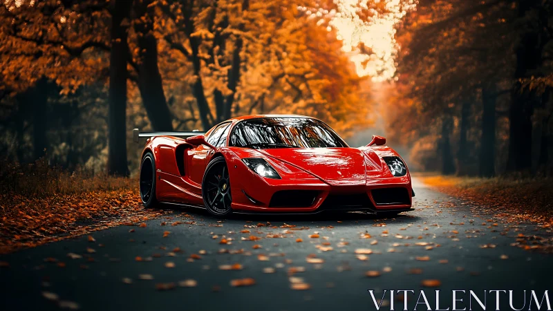 Red supercar cuts through autumn forest road in style.