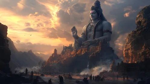 Colossal Shiva temple statue over misty valley at dusk.