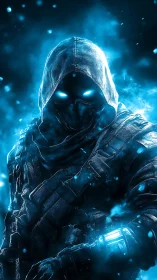 Hooded armored figure with glowing blue eyes in misted field.