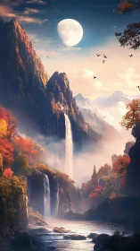 Moonlit fantasy canyon with towering waterfalls and mist.