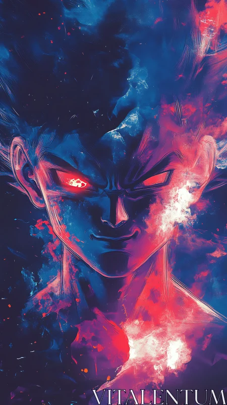 Stylized energy portrait of glowing eyed anime figure.