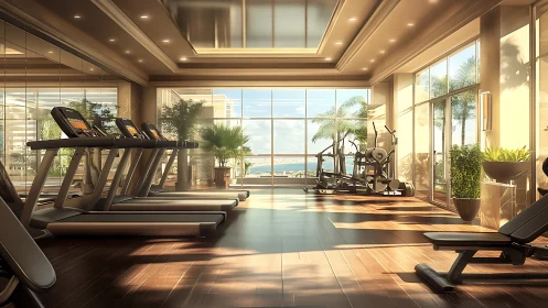 Modern waterfront fitness studio with cardio equipment interior.