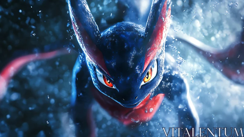 Blue red amphibious creature lunging through water.