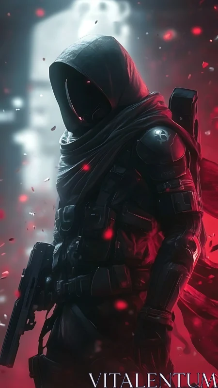 Hooded armored figure holds rifle amid red illuminated particles