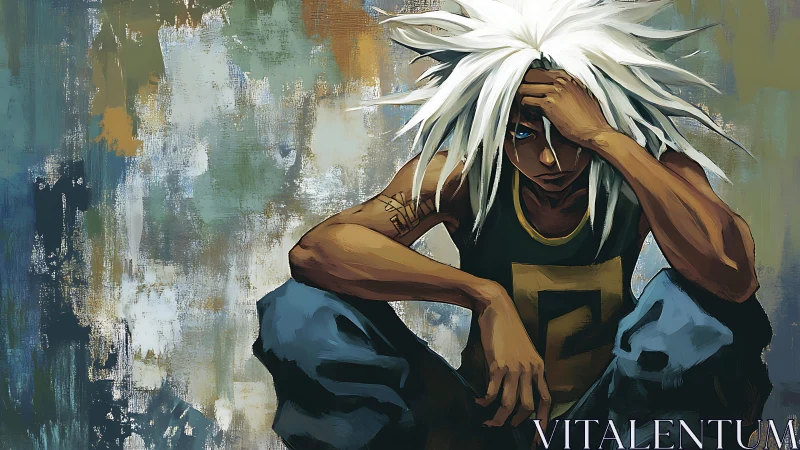 Brooding anime hero resting in a haze of moody color.