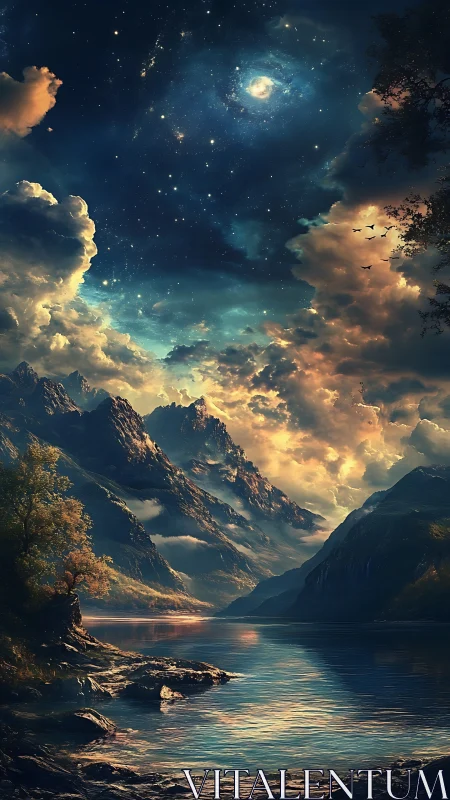 Celestial spiral illuminates tranquil fantasy mountain lake.