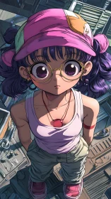 Upward gaze of pastel-capped girl in urban rooftop light.