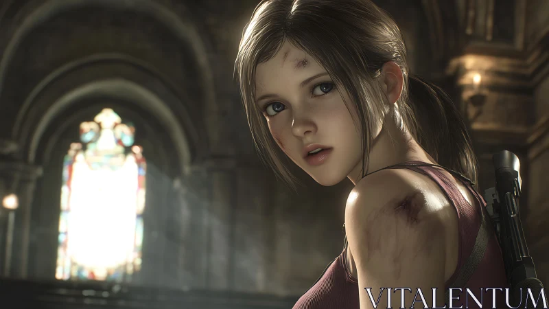 Injured young woman standing in dramatic church interior.