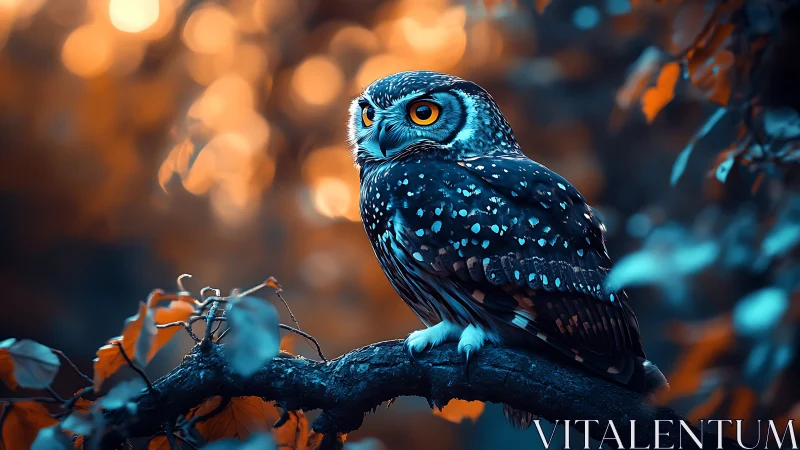 Spotted owl perched on branch in vibrant autumn forest scene.