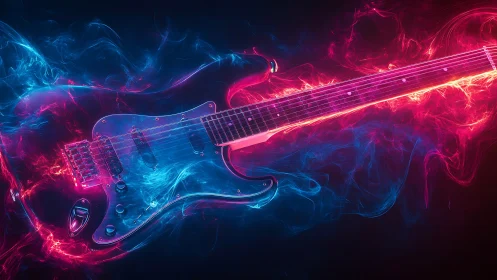 Electric neon guitar drifting through swirling color clouds.