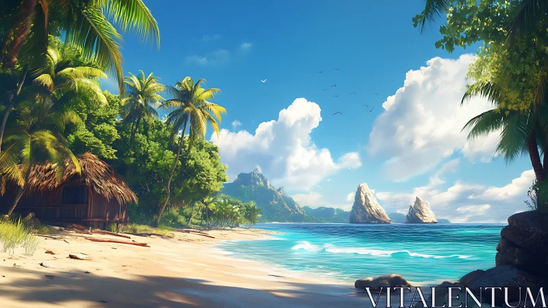 Tropical Beach with Volcanic Peaks and Thatched Shelter