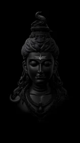 Shiva bust emerges in serene monochrome spiritual darkness.