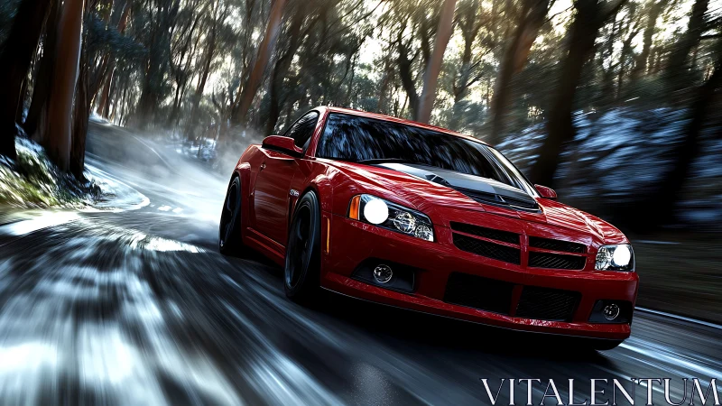 Red sports car powers through wet forest mountain road.