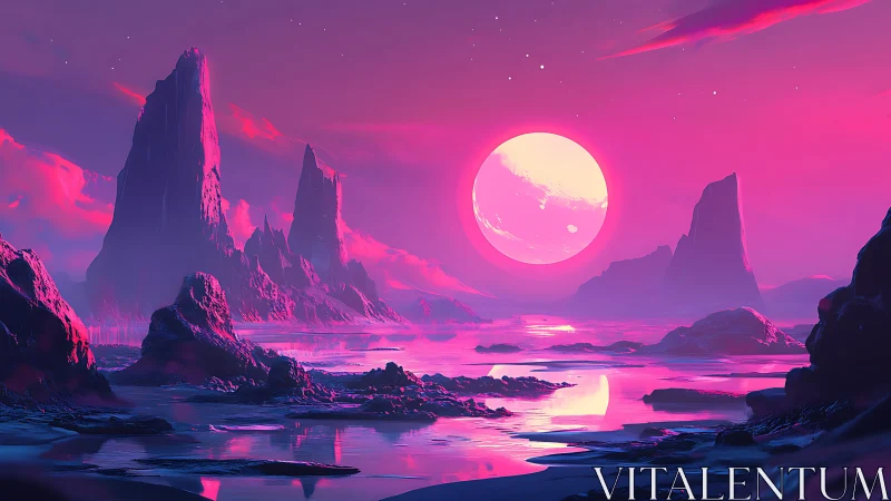 Chromatic alien littoral under oversized dual-phase moon.