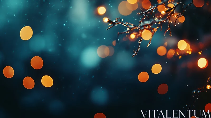 Golden bokeh lights glow against deep teal winter night.