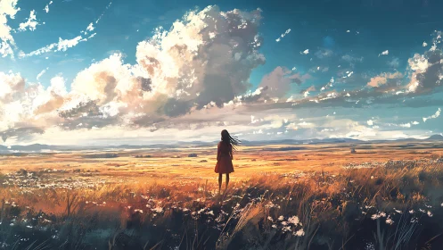 Girl standing in golden field under soft, endless sky.