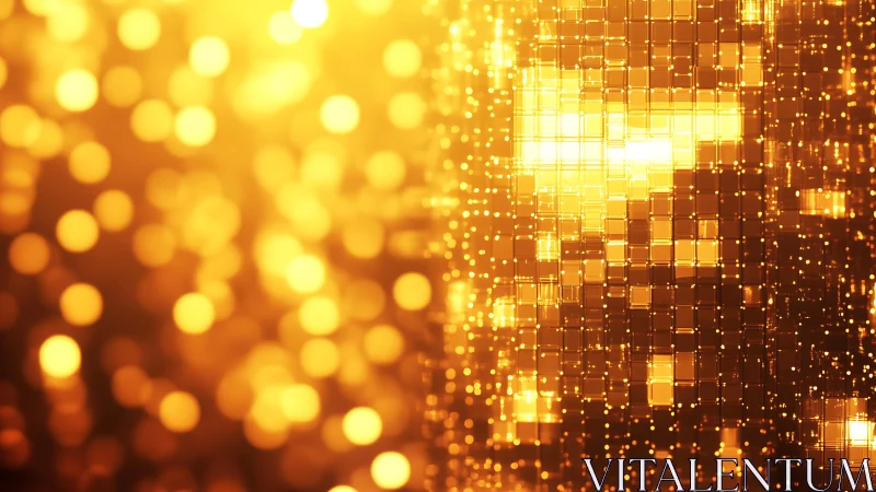 Golden light bokeh and digital mosaic abstract background.