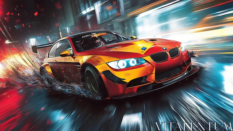 Street racer BMW slicing neon rain in dynamic drift night.