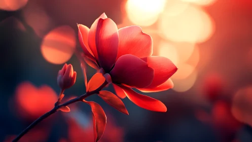Red Orchid Blooms Against Golden Bokeh Light.