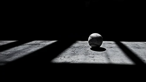 Lonely baseball rests in dramatic light and deep shadow
