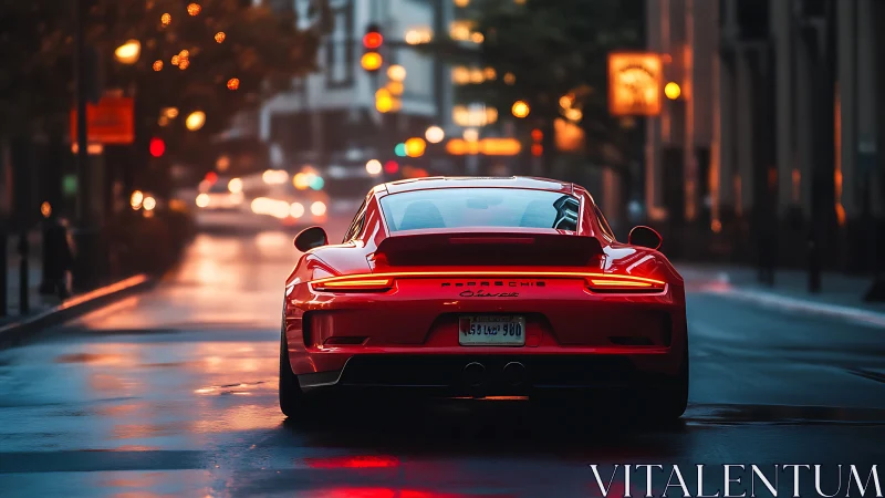 Red sports coupe glows on rain-slicked urban boulevard at dusk.