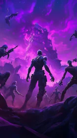 Central figure confronts hostile silhouettes before ruined tower