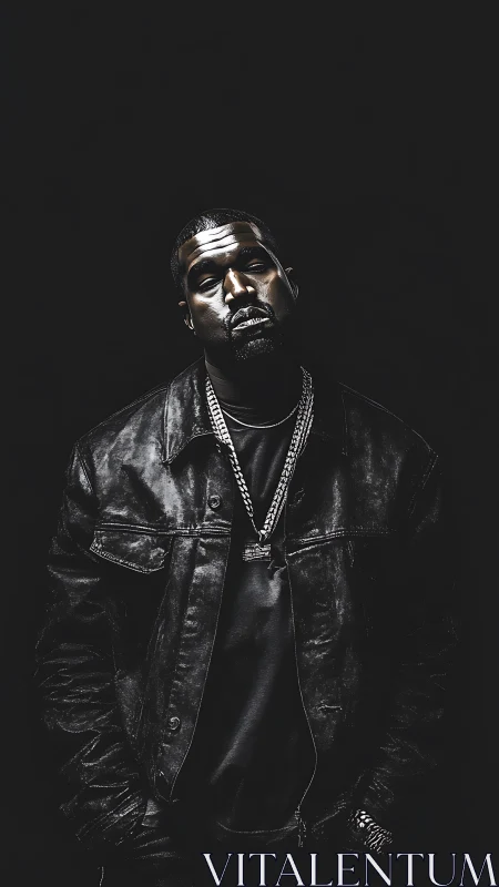 Portrait shows male subject in dark leather jacket and chains