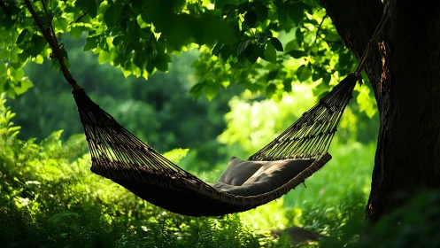 Suspended rope hammock with cushions under dense tree canopy