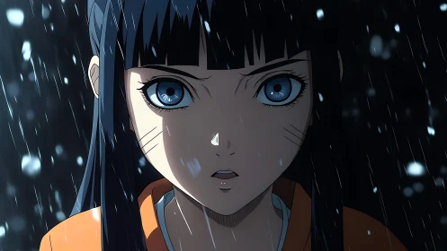 Snowlit anime heroine with intense blue gaze, frontal closeup.