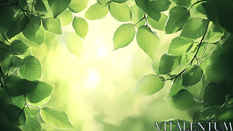 Sunlit Green Leaves Canopy with Soft Focus Nature Background.