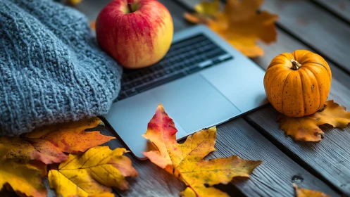 Laptop, knit hat and autumn produce on wooden surface.