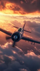 Sunset warbird cutting through storm-lit cloud layers.