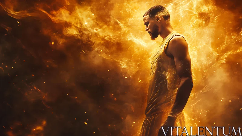 Basketball athlete stands in blazing golden inferno light