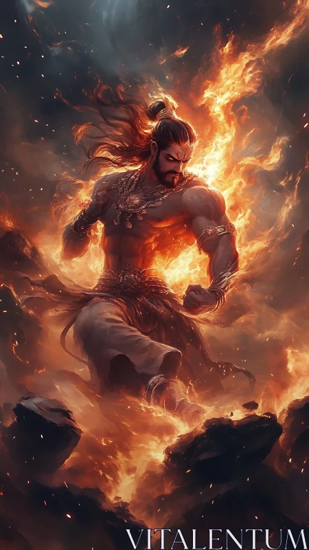 Fire-wreathed warrior god strides through molten chaos.