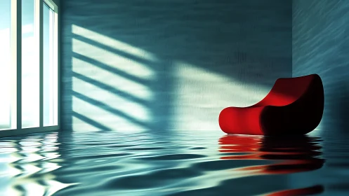 Crimson Lounger Embraces Tranquility in Turquoise Sanctuary.