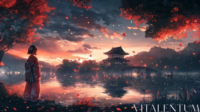 Digital painting of autumn shrine lake at cinematic sunset.