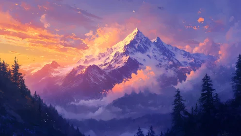 Sunlit summit carves firelit clouds above violet valleys